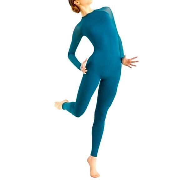 WEISSMAN Balera Dance Costume teal blue Long Sleeve Mesh Unitard MT11000 LC - Picture 1 of 10